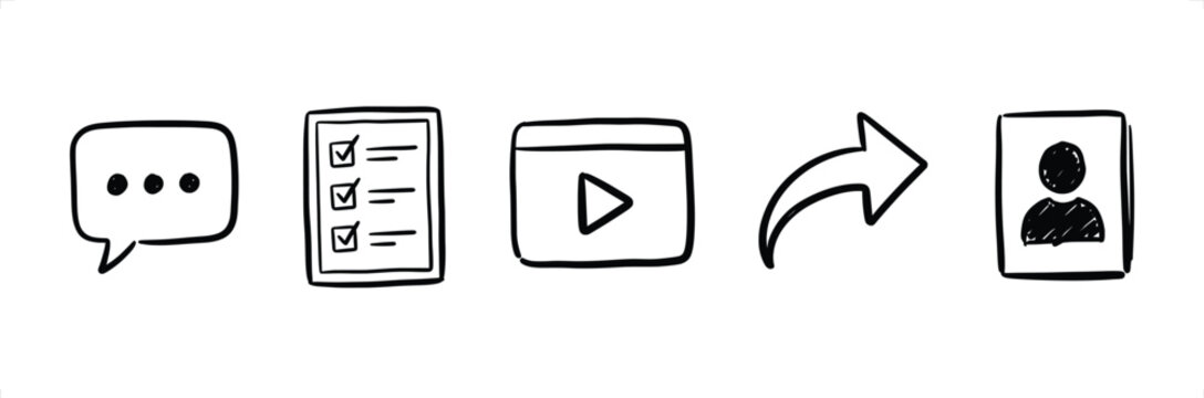 Communication icons showing conversation list video play share to user profile on white background minimal doodle style