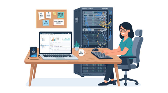 A professional database administrator working at a desk with a computer and server rack in a modern office environment illustration