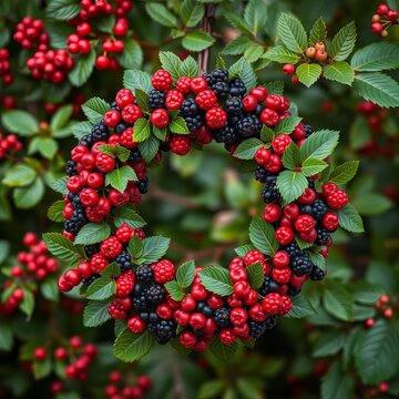 Berry-filled wreath with red and green accents, pinecones, evergreen branches