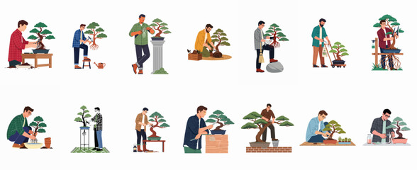Fototapeta premium Set of Flat Vector Illustrations Featuring Various People Pruning, Watering, and Caring for Bonsai Trees, Representing the Relaxing Hobby of Bonsai Cultivation.