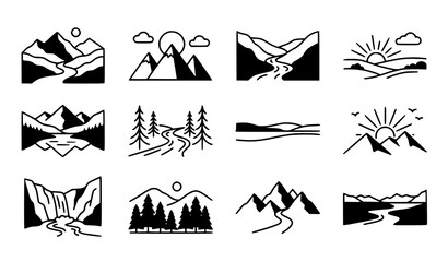 Fototapeta premium Minimal Mountain River and Sun Nature Landscape Icons Vector Set