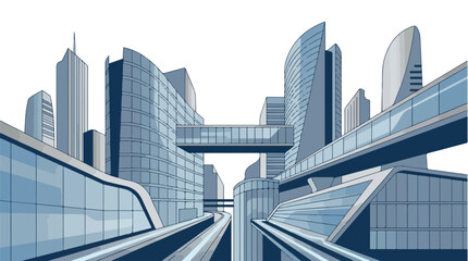 Naklejka premium Futuristic urban cityscape with glass skyscrapers and elevated walkways.