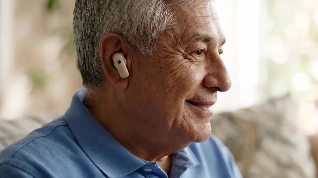 Close-up of an elderly man adjusting a hearing aid in his ear. Senior person smiling after securing a medical device indoors. Healthcare and accessibility concept