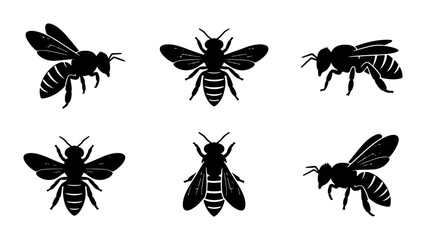 Fototapeta premium Six Black Silhouette Bees, Vector Icons Set: Flying, Crawling, and Stationary Insect Poses for Nature and Agriculture Design