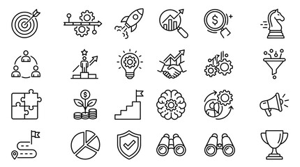 Fototapeta premium Business strategy and management icons set showing growth, leadership, and success
