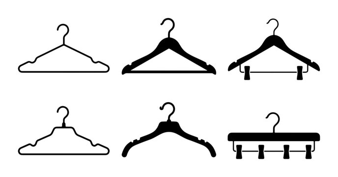 Set of 6 Black and White Clothes Hangers, Vector Icons for Wardrobe Organization and Retail Display, Garment Storage Solutions
