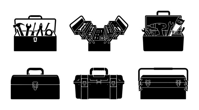Toolbox Icons Set, Workshop Equipment Collection, Mechanic Storage Cases, DIY Hardware Containers, Industrial Gear Graphics