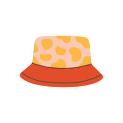 Fototapeta premium Yellow cow print bucket hat with red brim vector illustration. Trendy summer sun protection hat isolated on white background