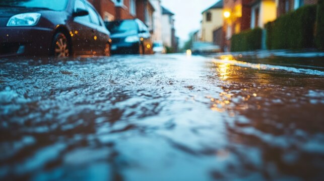 A residential street flooded after heavy rains, an impact of climate change. generative ai