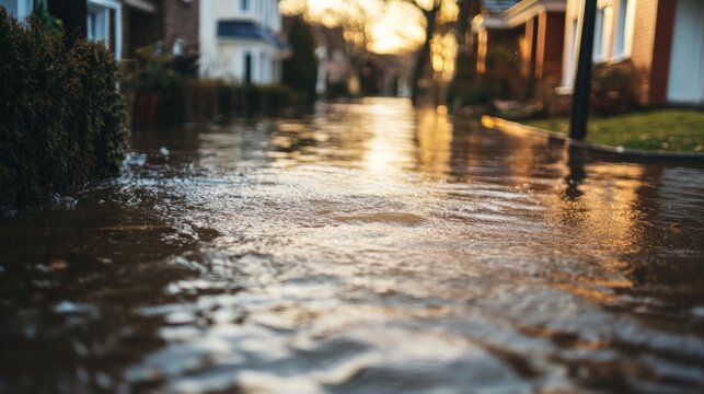 A residential street flooded after heavy rains, an impact of climate change. generative ai