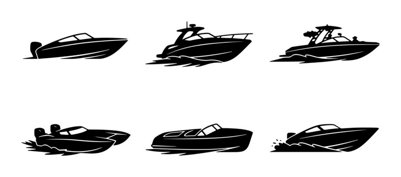 Speedboat Collection Vector Icons, Set of 6 Motorboat Silhouettes, Nautical Transportation Graphics