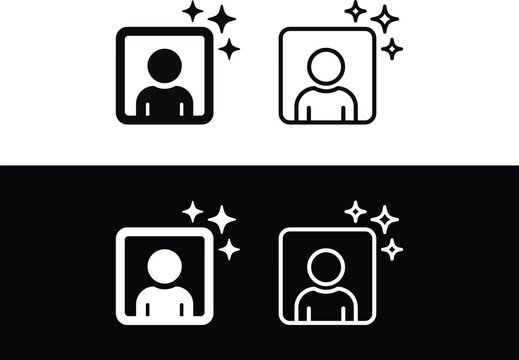 AI portrait retouch and user profile enhance icon set, avatar face generation, glowing persona, ID photo beauty filter vector icons