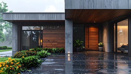 Fototapeta premium Ground-level view of a contemporary one-story home featuring flat roof overhangs, wooden soffits, concrete wall panels, and large glass sliding doors. Colorful autumn landscaping, orange flowers, and 