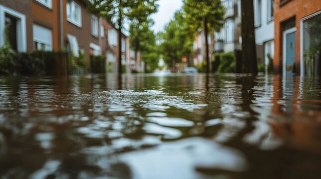 A residential street flooded after heavy rains, an impact of climate change. generative ai