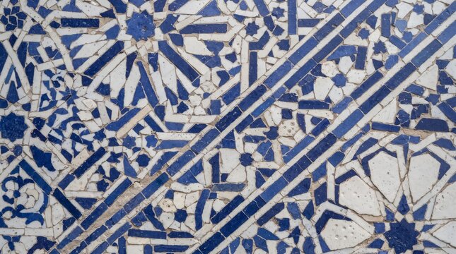 Generated with AI Moroccan zellige mosaic texture featuring diagonal stripe band and geometric star motifs in cobalt blue and pure white