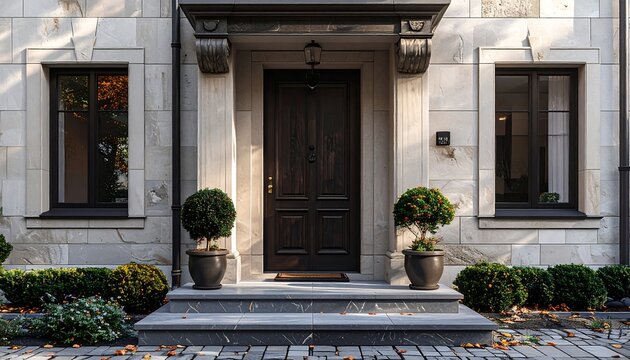Straight-on eye-level view of a classic luxury estate entrance featuring a dark wooden front door with transom window, carved stone portico, and beige limestone wall cladding. Symmetrical potted topia