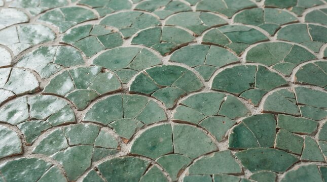 Generated with AI Moroccan ceramic mosaic texture in green sage fish scale fan pattern with natural cracked glaze and cement grout