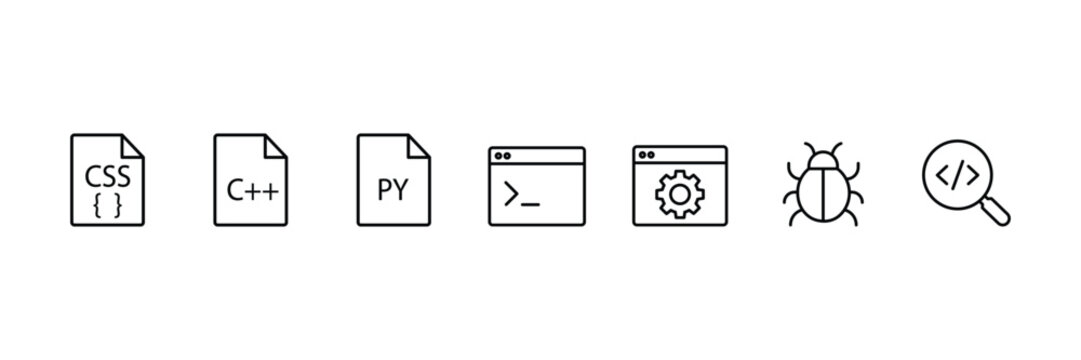 Software development programming script terminal bug search gear document icon vector illustration.