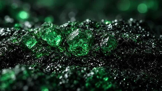 Natural green gemstone crystals embedded in dark textured mineral matrix with sparkling bokeh light background for geology and jewelry concepts