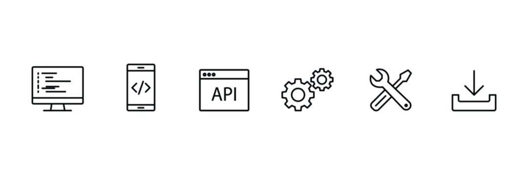 Desktop mobile screen api interface gear wrench tool download symbol icon set vector illustration collection.