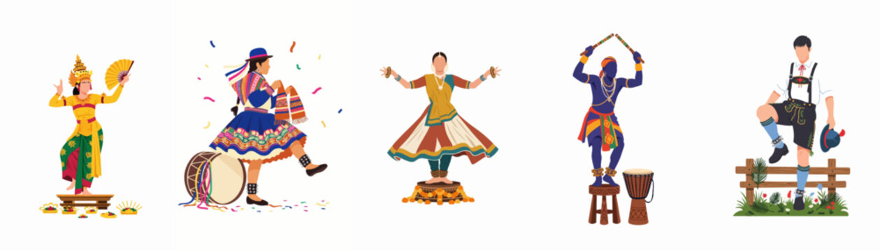 Set of flat vector illustrations representing cultural diversity with traditional folk dancers and costumes from various countries around the world.