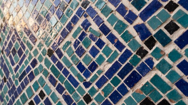 Generated with AI Texture of arranged blue and turquoise diamond pattern Moroccan zellige ceramic mosaic tiles.