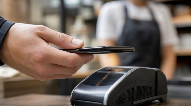 Contactless payment customer smartphone payment terminal cashier cafe hand transaction close up retail digital wallet mobile payment card reader point of sale purchase commerce checkout counter