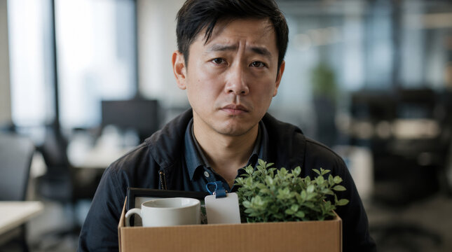 Businessman office box technology layoff sad portrait laptop plant mug, holding belongings after job loss in modern workplace, emotional impact of technology on career change