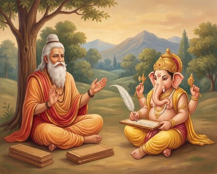 Illustration of Sage Vyasa dictating the epic Mahabharata to Lord Ganesha under a banyan tree