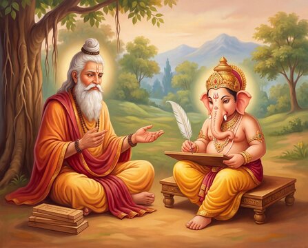Illustration of Sage Vyasa dictating the epic Mahabharata to Lord Ganesha under a banyan tree