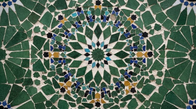 Generated with AI Symmetrical circular green Moroccan zellige mosaic ornament accented with blue and yellow in Islamic architectural art style.