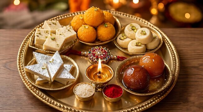 Traditional Raksha Bandhan festival pooja thali with beautiful rakhi, burning diya, sweets, kaju katli, gulab jamun and laddu
