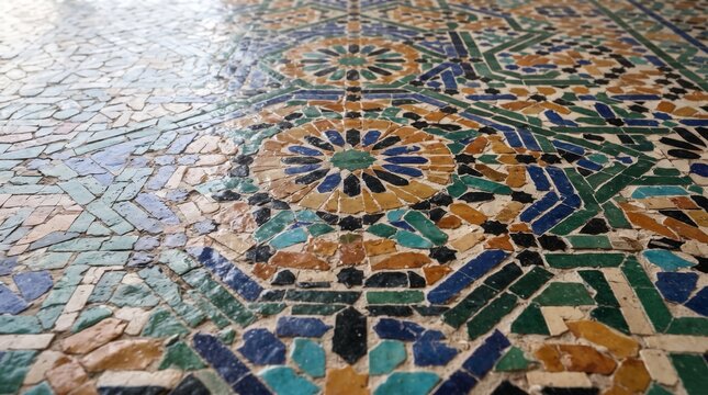 Generated with AI Angled view of shiny zellige mosaic floor featuring colorful geometric patterns in brown, blue, yellow, and green tones.