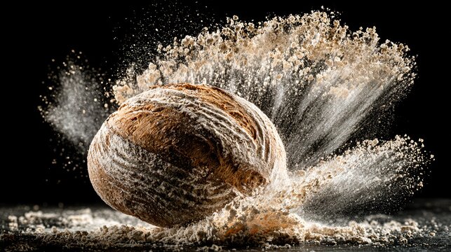 A dramatic flour explosion shot featuring rustic bread surrounded by airborne flour particles captured in frozen motion