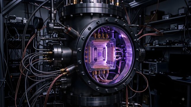 Futuristic Quantum Computer Chamber with Glowing Purple Processor