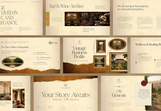 Vintage Presentation Slideshow Template for Classic Pitch Deck Layouts with History Charm & Elegance