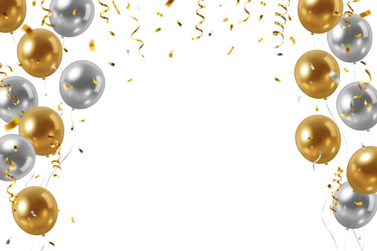 Vector decorative frame or border with metallic gold and silver party balloons, falling confetti and streamers with space in the middle