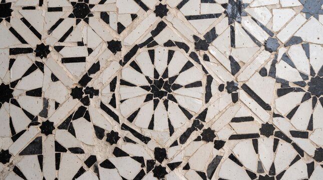 Detail tekstur ubin mosaik zellige Maroko motif geometris hitam putih