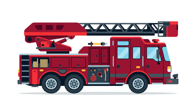 Red fire engine truck with extendable ladder and equipment illustration
