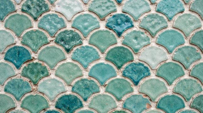 Generated with AI turquoise fish scale zellige tiles made of glazed ceramic arranged in neat parallel rows