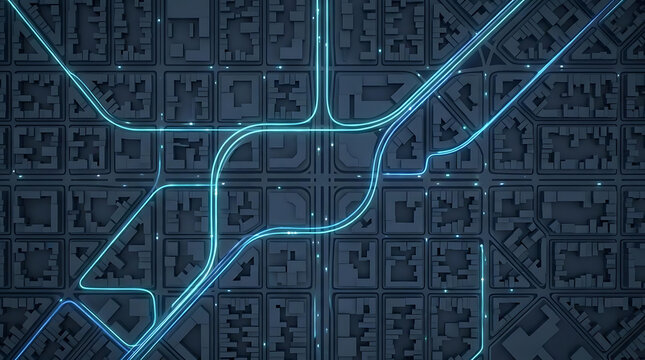 Aerial view of a futuristic smart city grid at night, top-down perspective, glowing neon blue highway arteries weaving through a dark, densely populated urban map