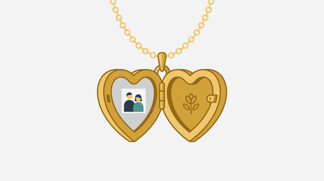 Golden heart locket pendant open with family photo and floral design