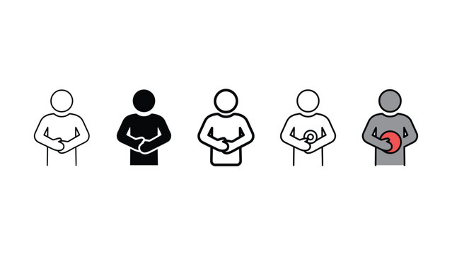 Set of vector icons depicting a person holding their stomach area indicating abdominal pain or discomfort