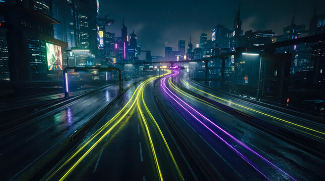 Cyberpunk style wet city highway with neon yellow and purple light trails.
