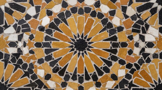 Generated with AI Yellow circular zellige tile mosaic with intricate geometric pattern made of mustard black and white ceramic