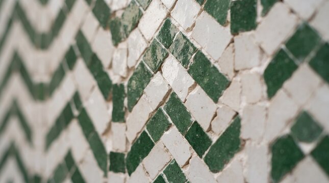 Generated with AI Angled green herringbone zellige tiles texture featuring ceramic pieces in green and white with shallow depth of field