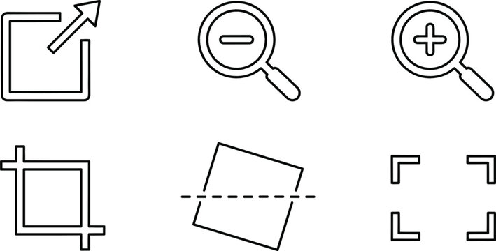 Minimalist interface design outline icon set featuring export zoom magnifier crop rotate skew and fullscreen focus frame vectors