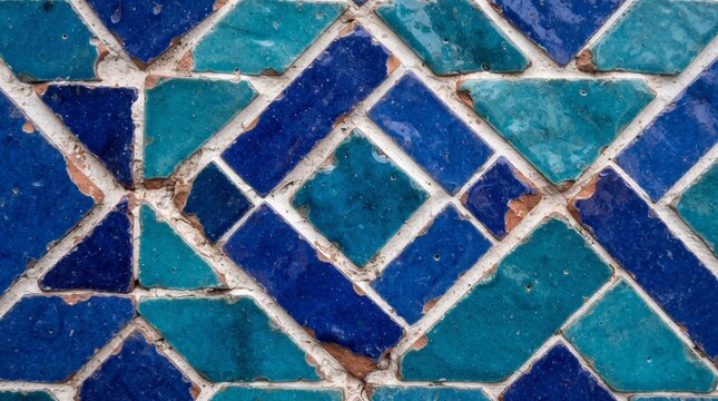 Generated with AI Blue Moroccan zellige tile closeup featuring rich dark blue and turquoise ceramic pieces in diamond geometry