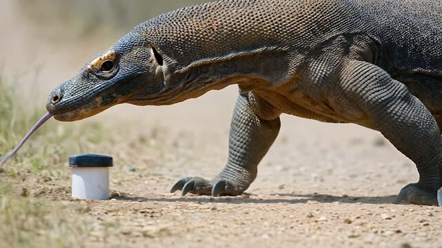 Komodo dragon, lizard and reptile walking in wild habitat with tongue out for scent. Large predator, monitor and wildlife in Indonesia with scales, claws and exotic animal footage for documentary and