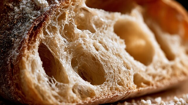 A macro study of freshly sliced rustic bread revealing detailed crumb tunnels, flour dusting, and artisan baking textures